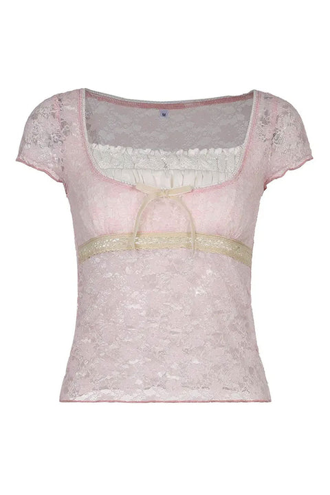 Y2K Coquette Lace & Bow Short Sleeve Top