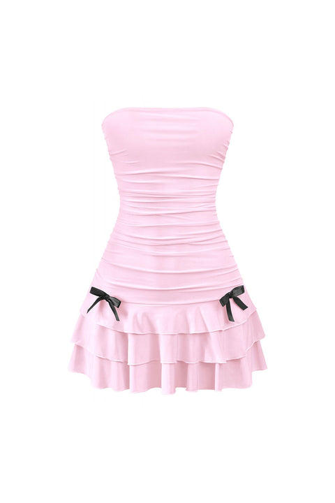 Coquette Strapless Ruched Ruffle Mini Dress with Bow Detail
