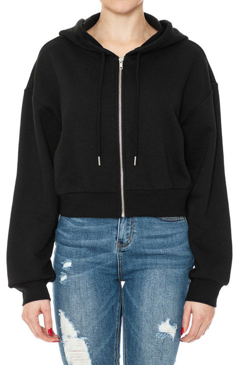 Basic Fleece Long Sleeve Zip Up Cropped Hoodie Jacket