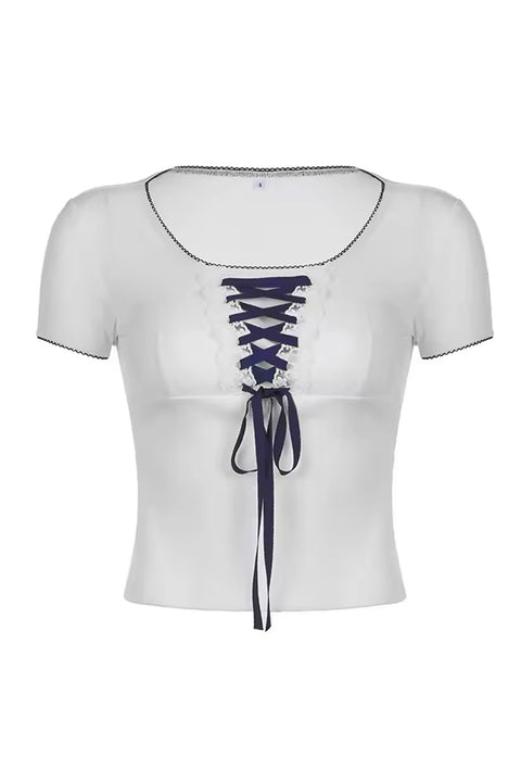 Y2K Pointelle Knit Front Lace-Up Neck Short Sleeve Top