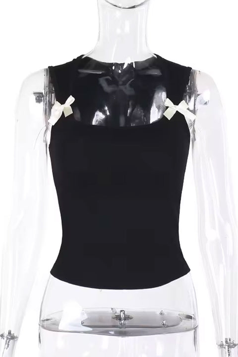 Y2K Coquette Sweetheart Neck Sleeveless Top with Contrast Bow Detail