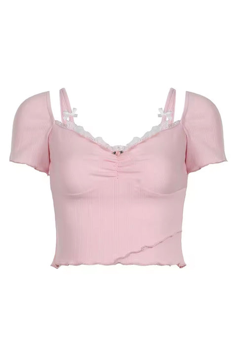 Y2K Coquette Pointelle Picot Edged Flower & Bow Short Sleeve Cropped Top