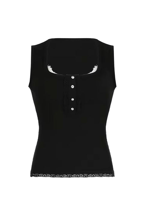 Y2K Faux Rhinestone Button-Front Lace Trimmed Sleeveless Ribbed Peekaboo Tank Top