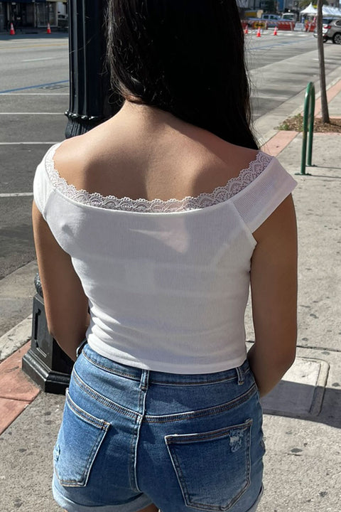 Coastal Girl Lace Trimmed Off-The-Shoulder Short Sleeve Ribbed Top