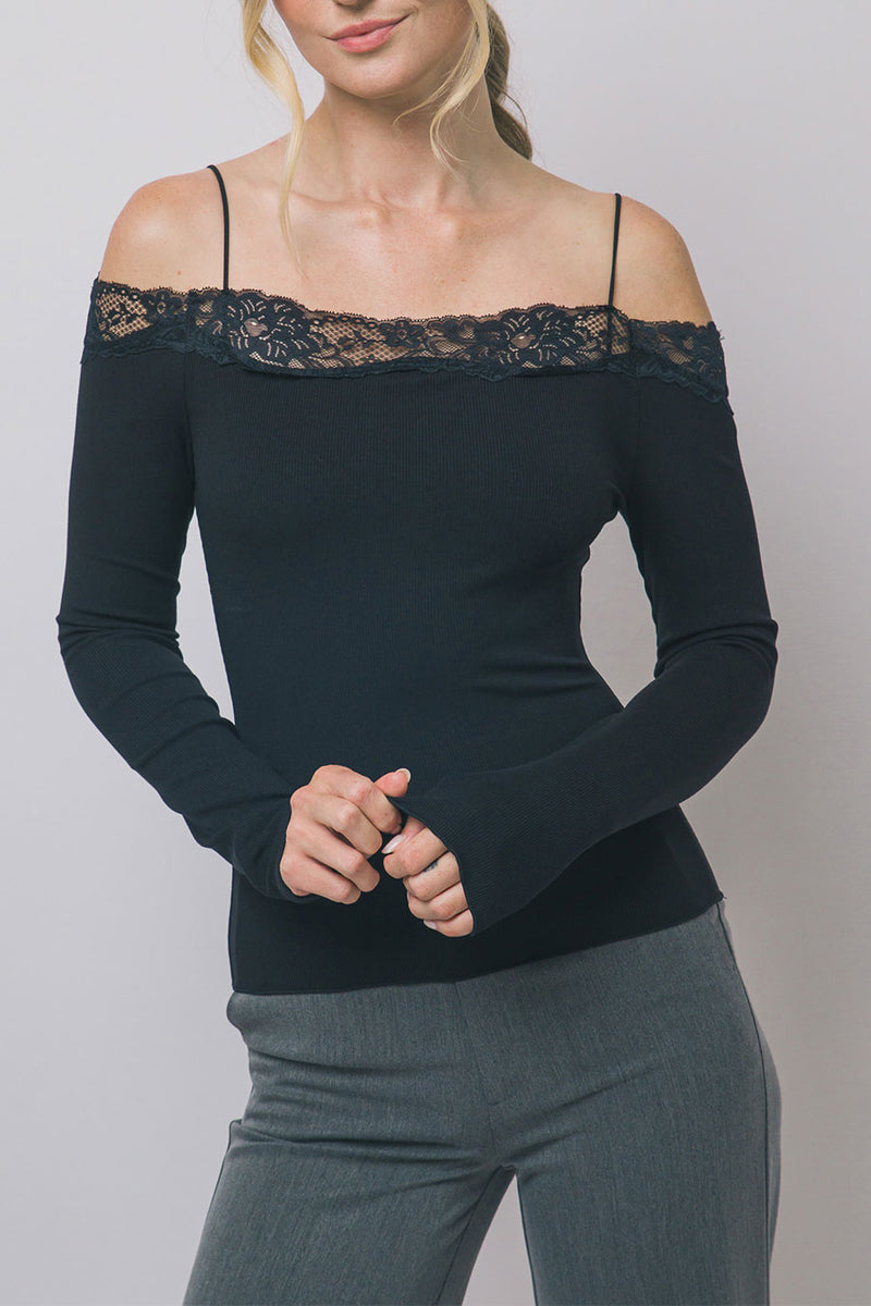 Lace-Trim Off-The-Shoulder Long-Sleeve Rib Knit Top– HyperBees