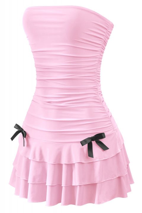 Coquette Strapless Ruched Ruffle Mini Dress with Bow Detail