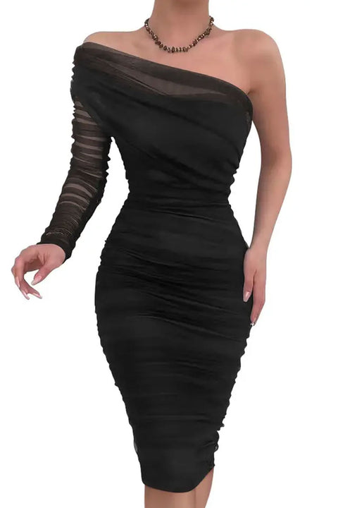 HyperBees Signature Mesh Double-Layer Long Sleeve One Shoulder Midi Bodycon Dress