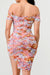 Floral Mesh Print Off Shoulder With Ruffled Sweetheart Ruched Bodycon Slitted Midi Dress