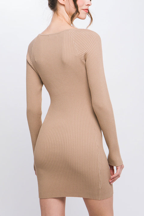 Long Sleeve Sweater Knit Dress with Rhinestone Detail