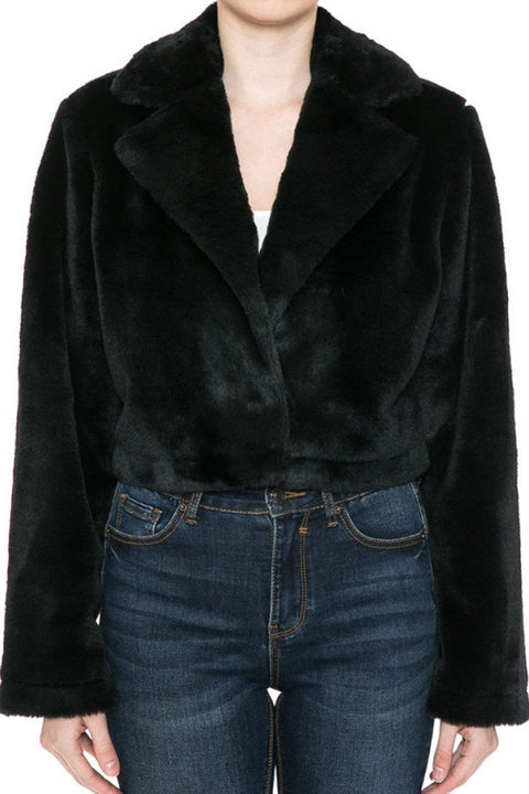 Tailored Collar Soft-Hand Faux Fur Crop Coat Jacket with Hidden Snap Button