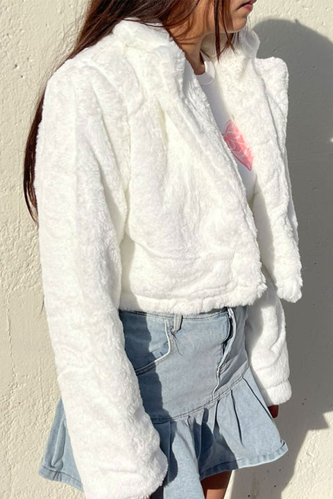 Tailored Collar Soft-Hand Faux Fur Crop Coat Jacket with Hidden Snap Button