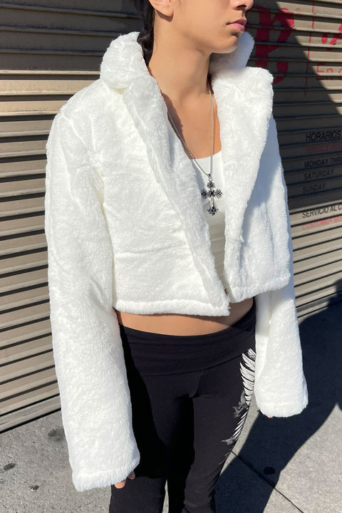 Tailored Collar Soft-Hand Faux Fur Crop Coat Jacket with Hidden Snap Button