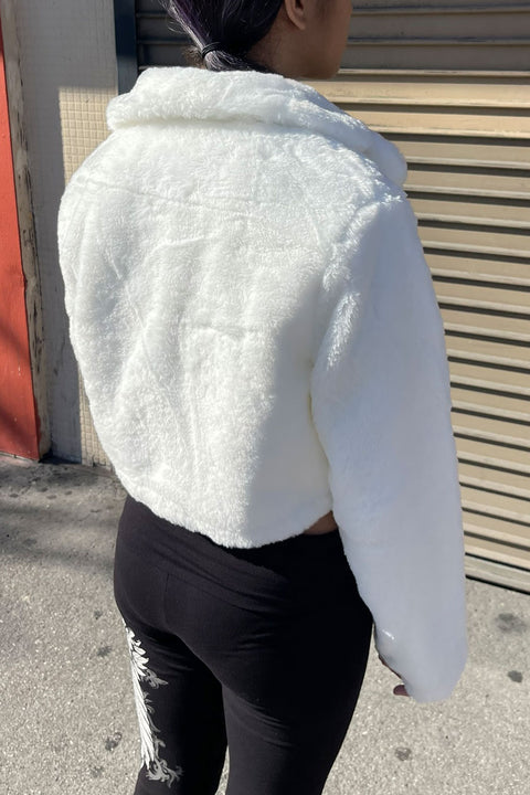 Tailored Collar Soft-Hand Faux Fur Crop Coat Jacket with Hidden Snap Button