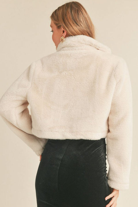 Tailored Collar Soft-Hand Faux Fur Crop Coat Jacket with Hidden Snap Button