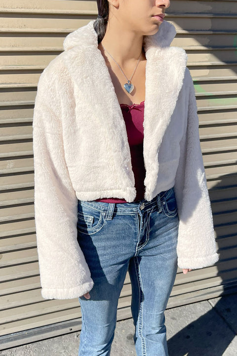 Tailored Collar Soft-Hand Faux Fur Crop Coat Jacket with Hidden Snap Button