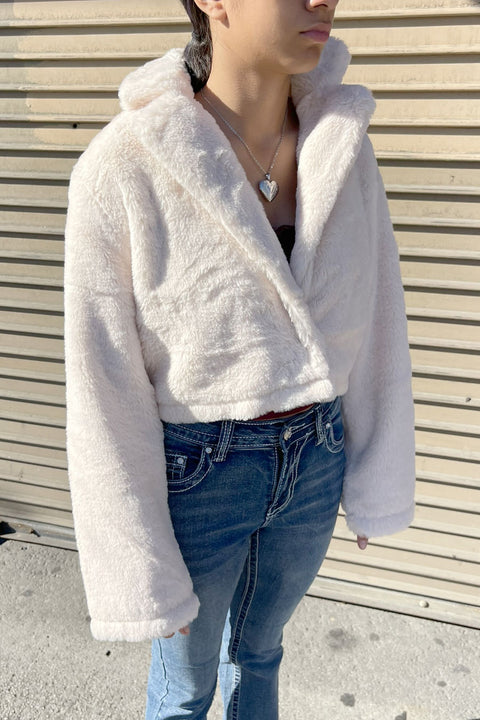 Tailored Collar Soft-Hand Faux Fur Crop Coat Jacket with Hidden Snap Button