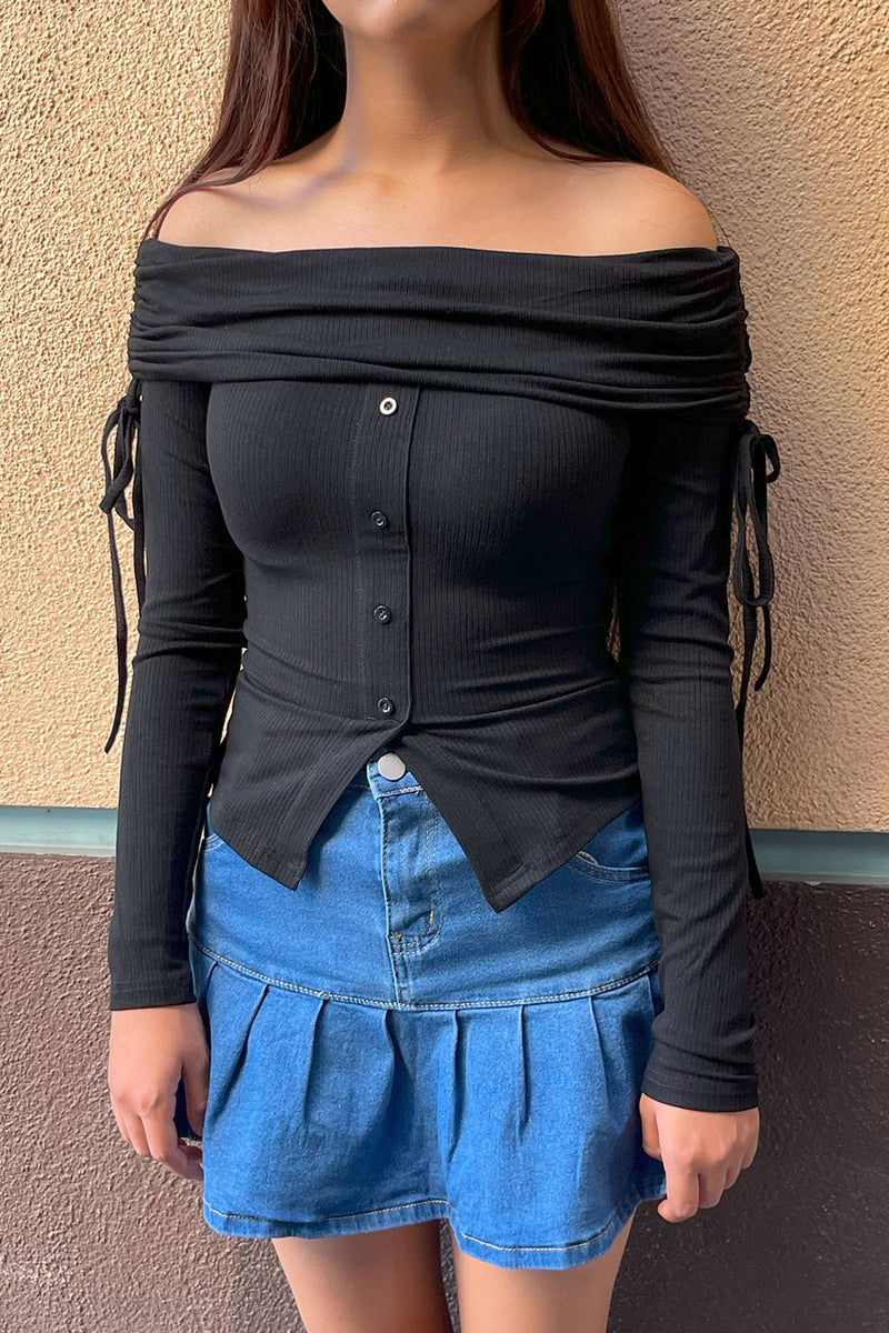 Y2K Coquette Off-The-Shoulder Long Sleeve Ribbed Top with Self-Tie Det ...