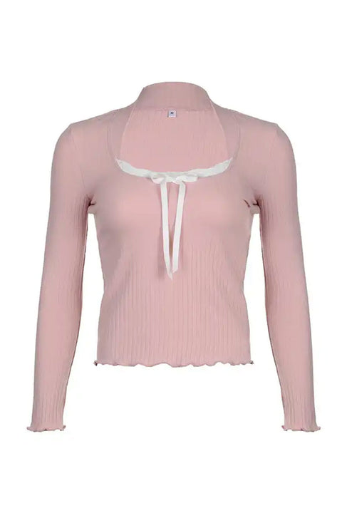 Y2K Coquette Lace Bow Detail Long Sleeve Wide Rib Top