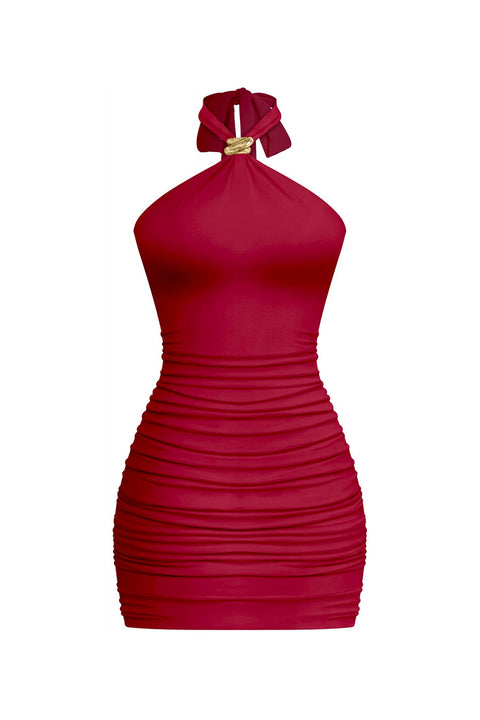 Tresser™ Sleveless Metal Buckle Halter Neck Ruched Mini Bodycon Dress