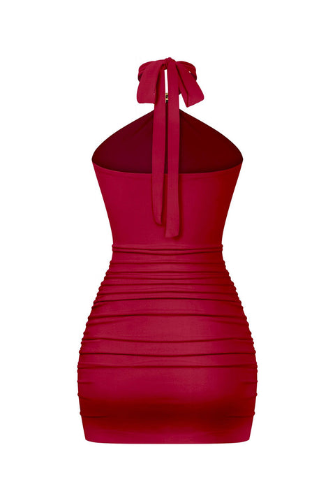 Tresser™ Sleveless Metal Buckle Halter Neck Ruched Mini Bodycon Dress