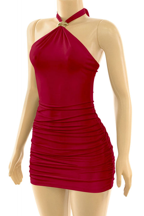 Tresser™ Sleveless Metal Buckle Halter Neck Ruched Mini Bodycon Dress