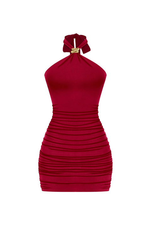 Tresser™ Sleveless Metal Buckle Halter Neck Ruched Mini Bodycon Dress