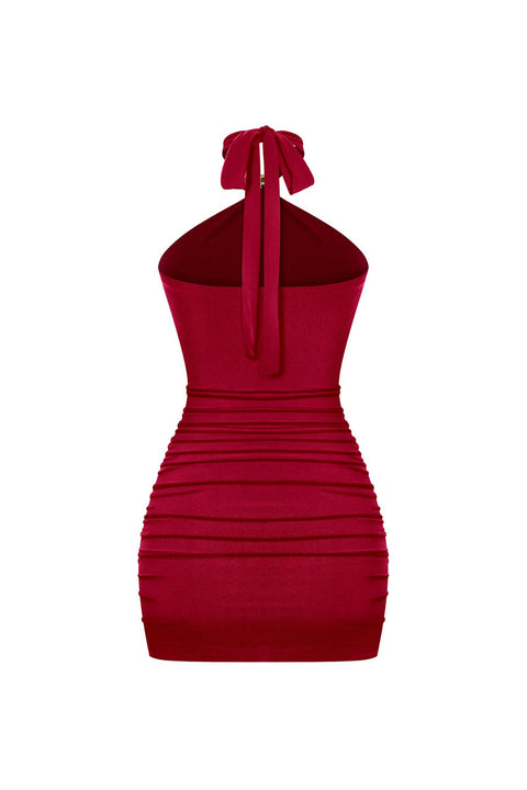 Tresser™ Sleveless Metal Buckle Halter Neck Ruched Mini Bodycon Dress