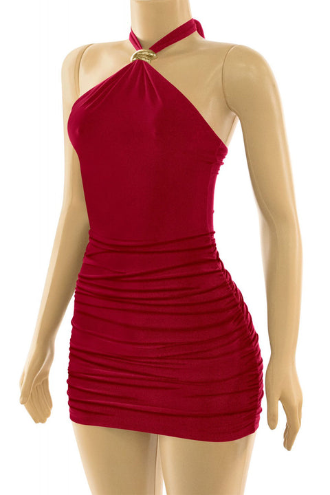 Tresser™ Sleveless Metal Buckle Halter Neck Ruched Mini Bodycon Dress