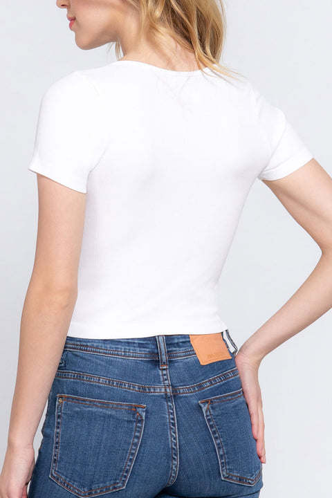 Basic Seamless Short Sleeve Snap Button Front Rib Top