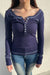 Y2K Preppy Button-Down Front Long Sleeve Rib Top with Embroidered Bow and Top Stitches