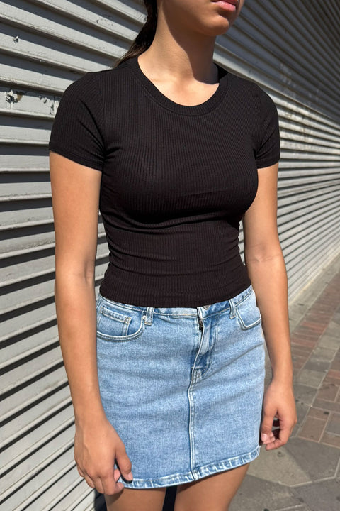 Basic Short Sleeve Crew Neck Rib Crop Top