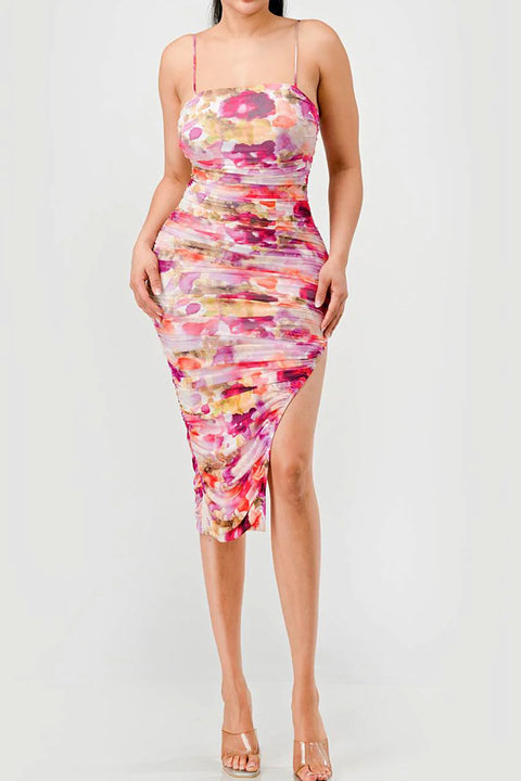 Floral Tie Dye Mesh Print Cami Ruched Slitted Midi Dress