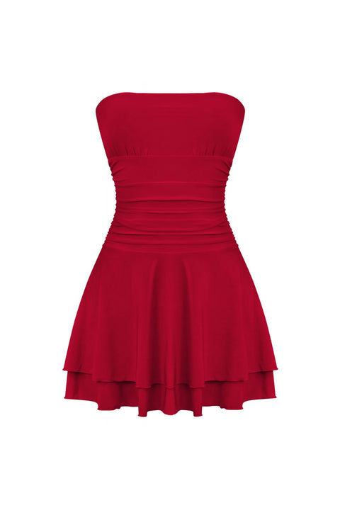 Tresser™ Strapless Ruched Ruffle Tiered Mini Dress