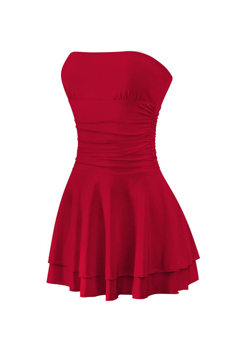 Tresser™ Strapless Ruched Ruffle Tiered Mini Dress