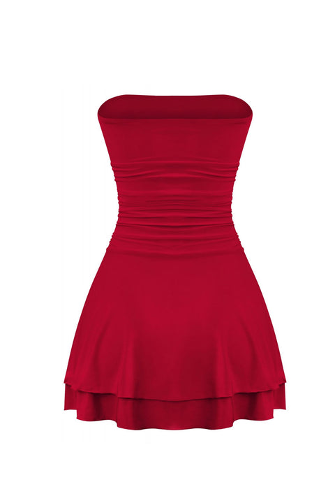 Tresser™ Strapless Ruched Ruffle Tiered Mini Dress