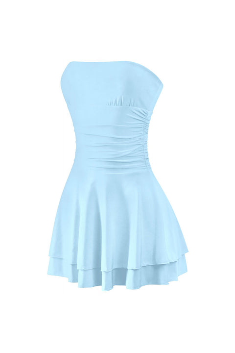 Tresser™ Strapless Ruched Ruffle Tiered Mini Dress
