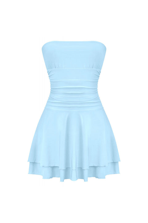 Tresser™ Strapless Ruched Ruffle Tiered Mini Dress