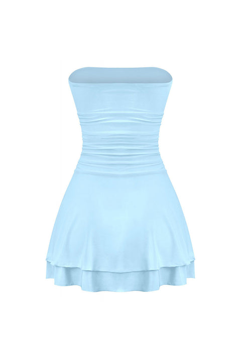 Tresser™ Strapless Ruched Ruffle Tiered Mini Dress