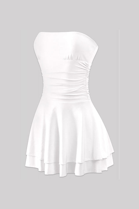Tresser™ Strapless Ruched Ruffle Tiered Mini Dress