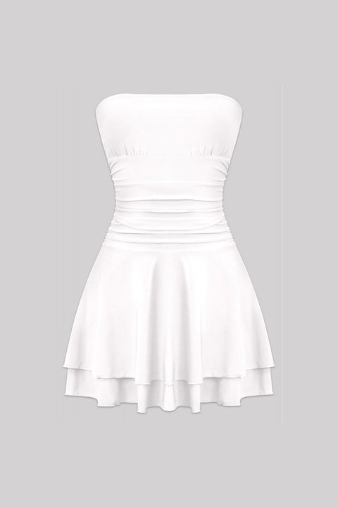 Tresser™ Strapless Ruched Ruffle Tiered Mini Dress