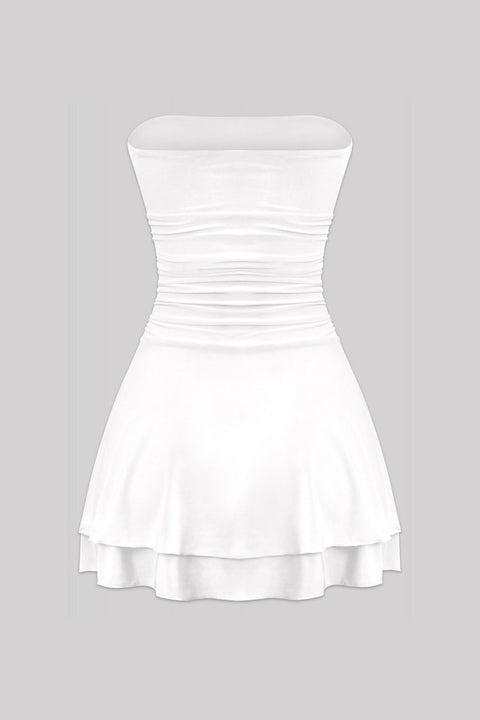 Tresser™ Strapless Ruched Ruffle Tiered Mini Dress