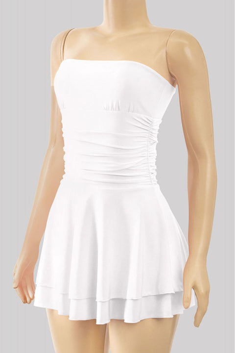Tresser™ Strapless Ruched Ruffle Tiered Mini Dress