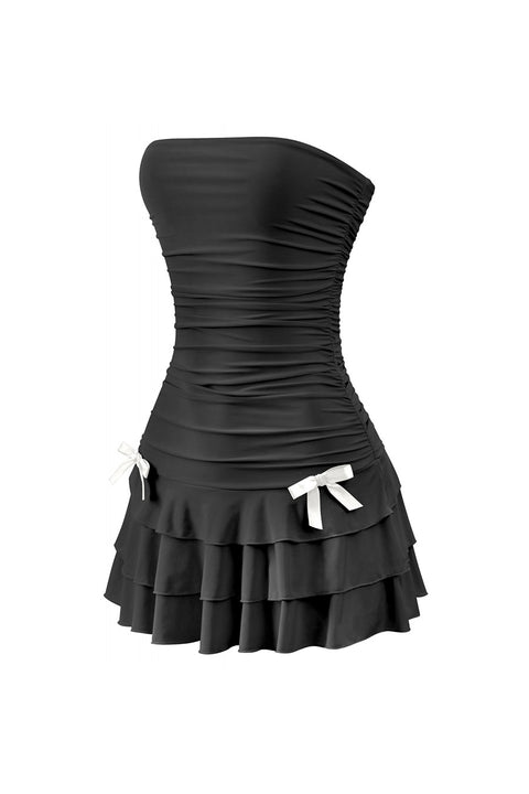 Tresser™ Coquette Strapless Ruched Ruffle Mini Dress with Bow Detail