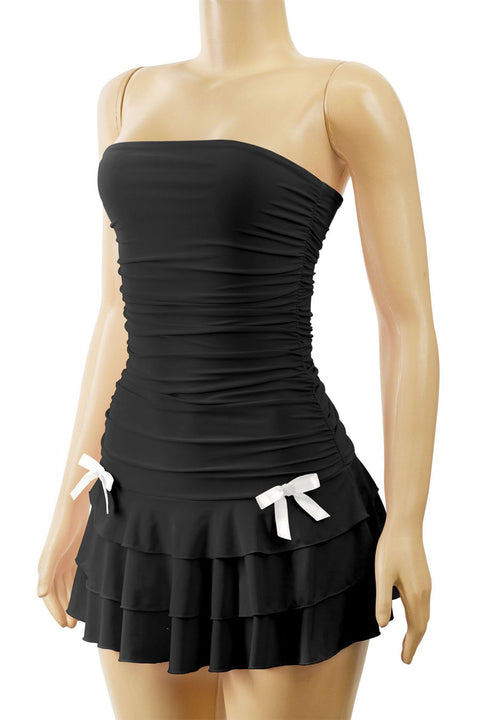 Tresser™ Coquette Strapless Ruched Ruffle Mini Dress with Bow Detail