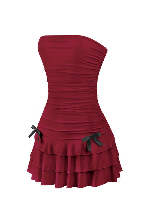 Tresser™ Coquette Strapless Ruched Ruffle Mini Dress with Bow Detail