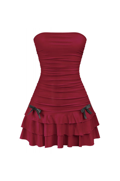 Tresser™ Coquette Strapless Ruched Ruffle Mini Dress with Bow Detail
