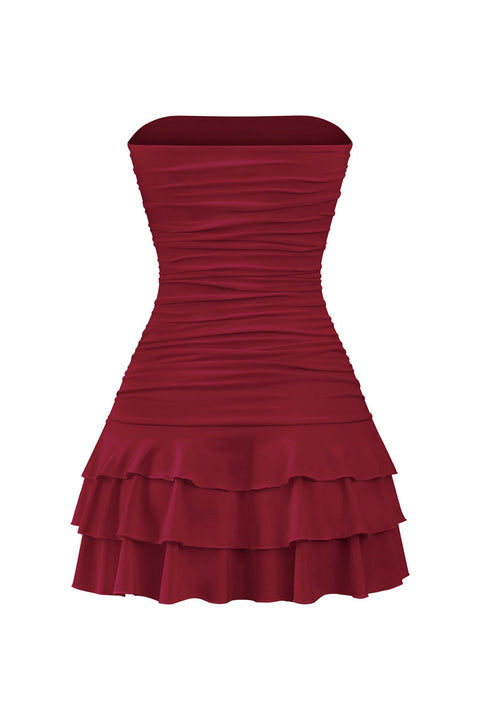 Tresser™ Coquette Strapless Ruched Ruffle Mini Dress with Bow Detail