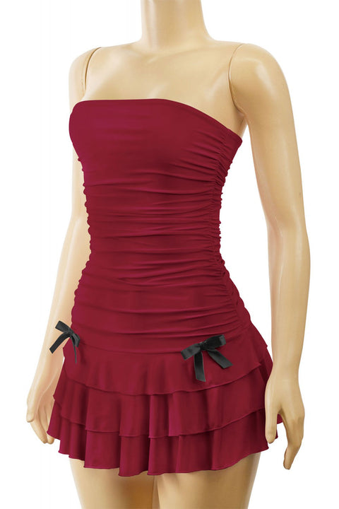 Tresser™ Coquette Strapless Ruched Ruffle Mini Dress with Bow Detail