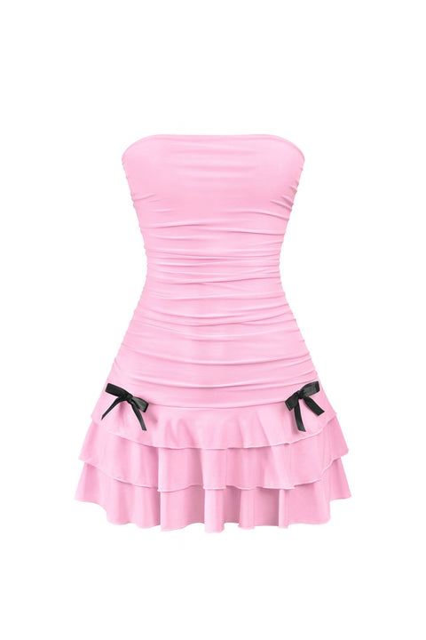 Tresser™ Coquette Strapless Ruched Ruffle Mini Dress with Bow Detail