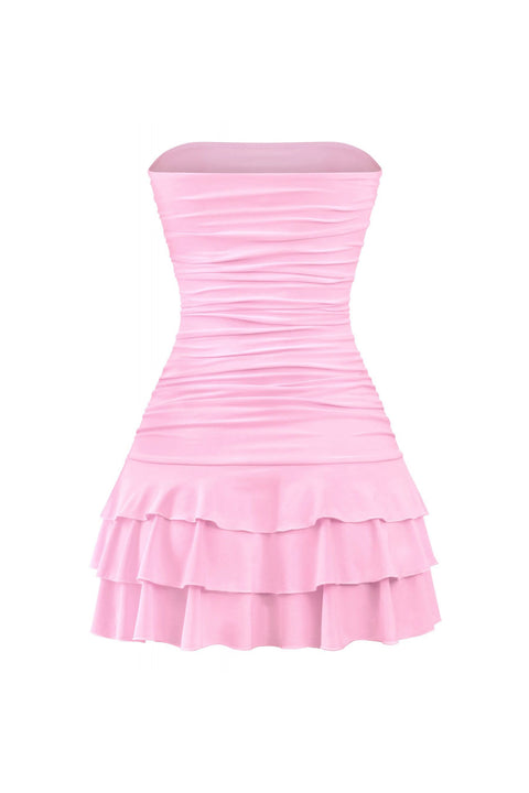 Tresser™ Coquette Strapless Ruched Ruffle Mini Dress with Bow Detail